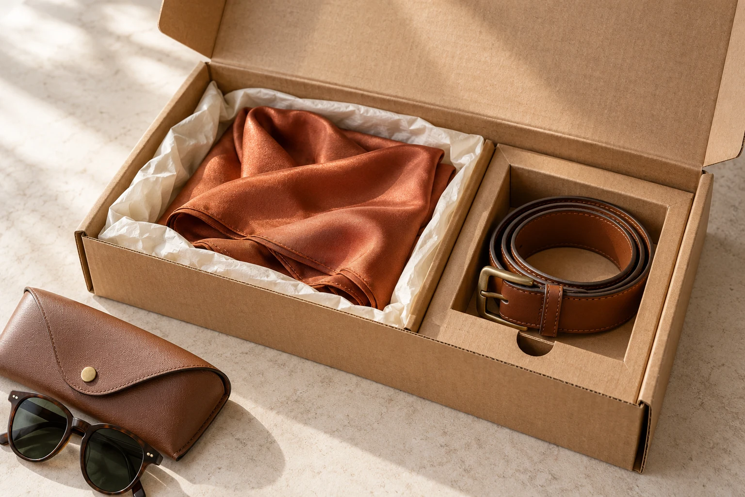 Scatola per accessori moda con foulard, cintura e carta velina
